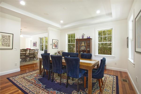 Dining room, Interior, Pendant Lights, Recessed Lighting, Wood Texture Flooring