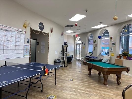 Billiard Table, Game Room, Interior, Pendant Lights, Recessed Lighting, Wood Texture Flooring