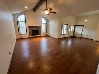 Empty room, Fireplace, Interior, Pendant Lights, Recessed Lighting, Wooden Beams, Wood Texture Flooring