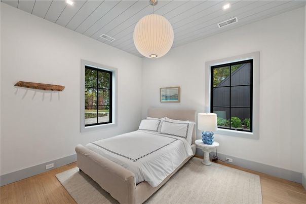 Bedroom, Interior, Pendant Lights, Recessed Lighting, Wooden Ceilings, Wood Texture Flooring