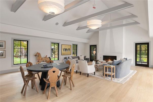 Dining room, Fireplace, Interior, Living room, Wood Texture Flooring