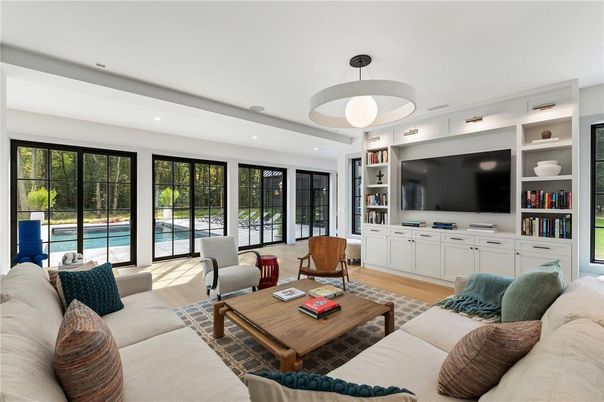 Interior, Living room, Pendant Lights, Recessed Lighting, Wood Texture Flooring