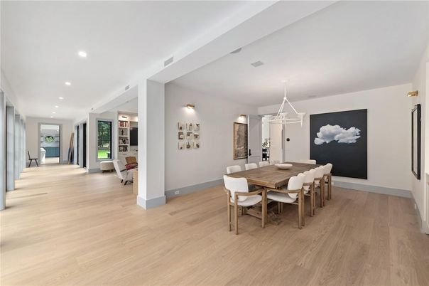Dining room, Interior, Pendant Lights, Recessed Lighting, Wood Texture Flooring