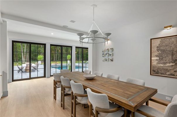 Chandelier, Dining room, Interior, Recessed Lighting, Wood Texture Flooring