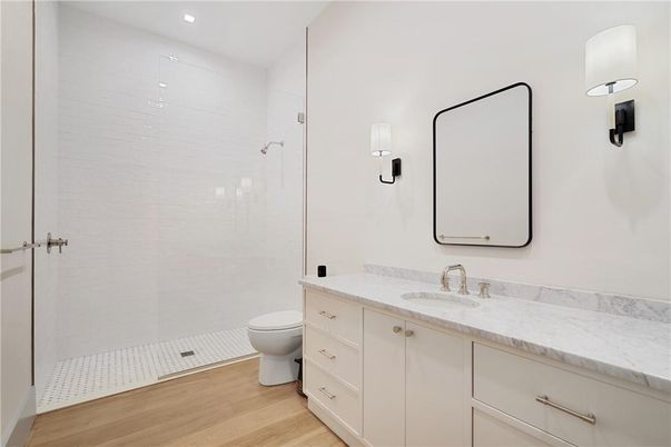 Bathroom, Glass Shower, Interior, Recessed Lighting, Wood Texture Flooring