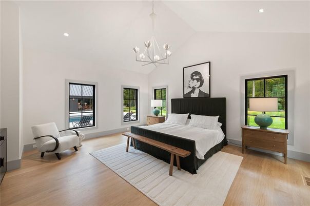 Bedroom, Chandelier, Interior, Recessed Lighting, Wood Texture Flooring