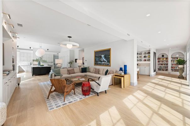 Interior, Living room, Pendant Lights, Recessed Lighting, Wood Texture Flooring