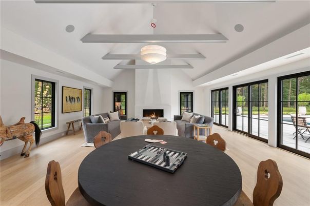 Dining room, Fireplace, Interior, Living room, Wood Texture Flooring