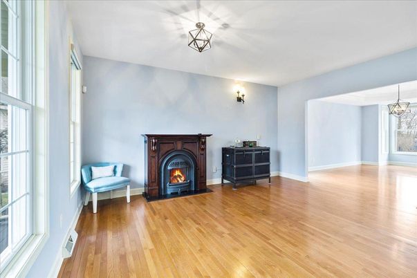 Empty room, Fireplace, Interior, Pendant Lights, Wood Texture Flooring