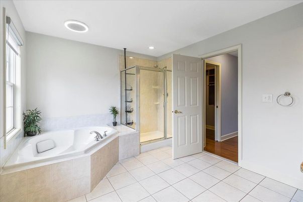 Bathroom, Glass Shower, Interior, Recessed Lighting, Wood Texture Flooring
