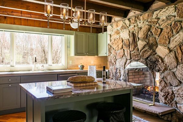Fireplace, Interior, Kitchen, Pendant Lights, Stone Walls, Wooden Beams, Wood Texture Flooring