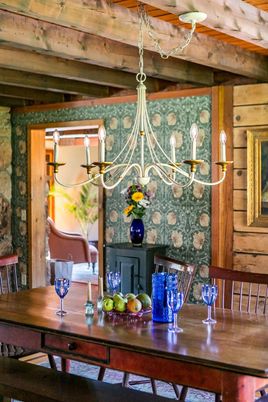 Chandelier, Dining room, Interior, Wooden Beams
