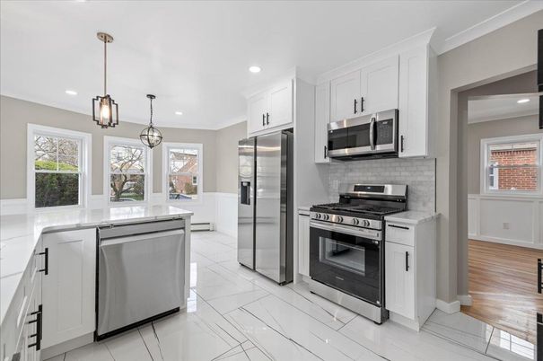Interior, Kitchen, Pendant Lights, Recessed Lighting, Stainless Steel Appliances, Wood Texture Flooring