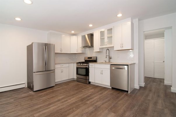 Interior, Kitchen, Recessed Lighting, Stainless Steel Appliances, Wood Texture Flooring
