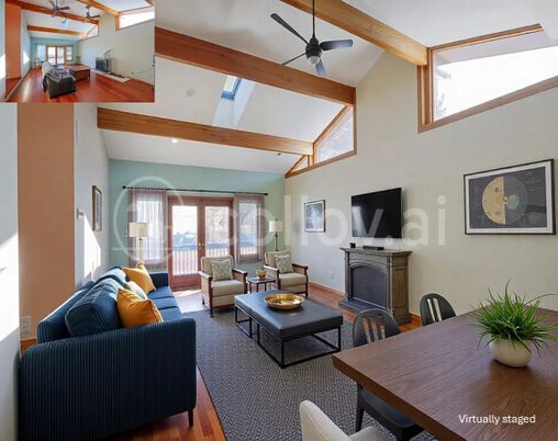 Dining room, Fireplace, Interior, Living room, Wooden Beams, Wood Texture Flooring