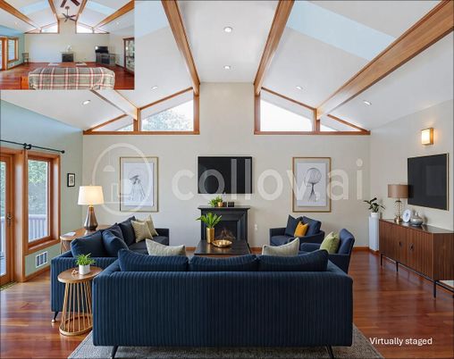 Fireplace, Interior, Living room, Recessed Lighting, Wooden Beams, Wood Texture Flooring