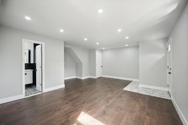 Empty room, Interior, Marble, Recessed Lighting, Wood Texture Flooring