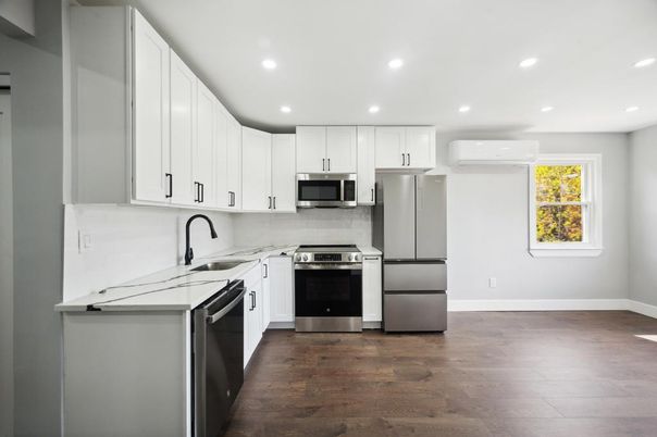 Interior, Kitchen, Recessed Lighting, Stainless Steel Appliances, Wood Texture Flooring