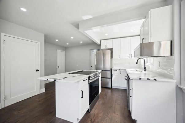 Interior, Kitchen, Recessed Lighting, Stainless Steel Appliances, Wood Texture Flooring