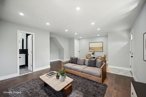 Dining room, Interior, Living room, Marble, Recessed Lighting, Wood Texture Flooring