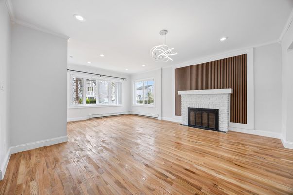 Empty room, Fireplace, Interior, Recessed Lighting, Wood Texture Flooring