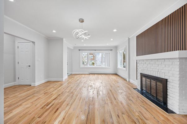 Fireplace, Interior, Pendant Lights, Recessed Lighting, Wood Texture Flooring