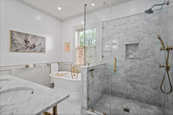 Bathroom, Free Standing Baths, Glass Shower, Interior, Marble, Marble Walls, Recessed Lighting