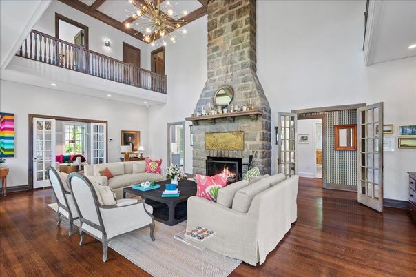 Fireplace, Interior, Living room, Pendant Lights, Recessed Lighting, Stone Walls, Wood Texture Flooring