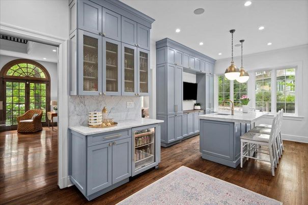 Interior, Kitchen, Marble Walls, Pendant Lights, Recessed Lighting, Wood Texture Flooring