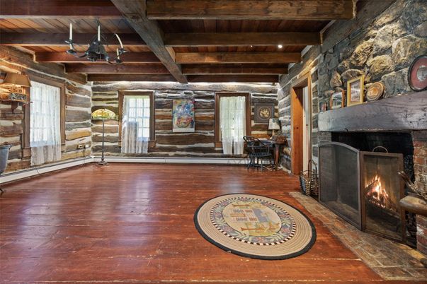 Fireplace, Interior, Recessed Lighting, Stone Walls, Wooden Beams, Wooden Ceilings, Wood Texture Flooring