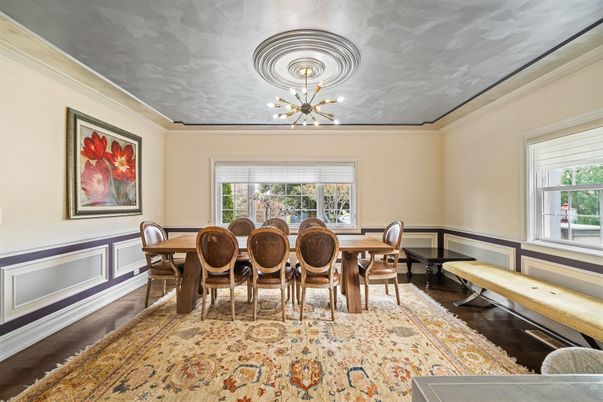 Dining room, Interior, Pendant Lights, Wood Texture Flooring