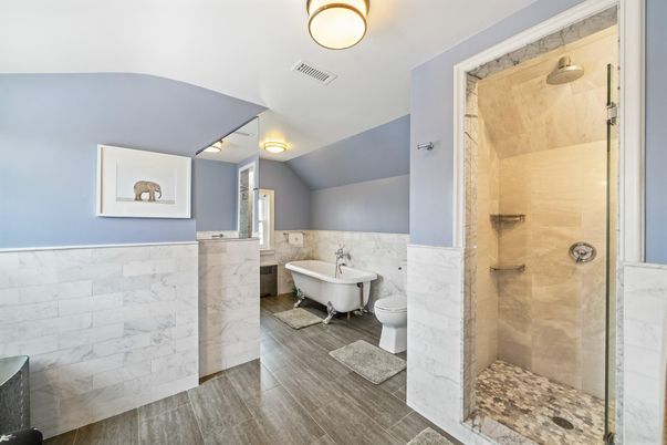 Bathroom, Free Standing Baths, Glass Shower, Interior, Marble Walls