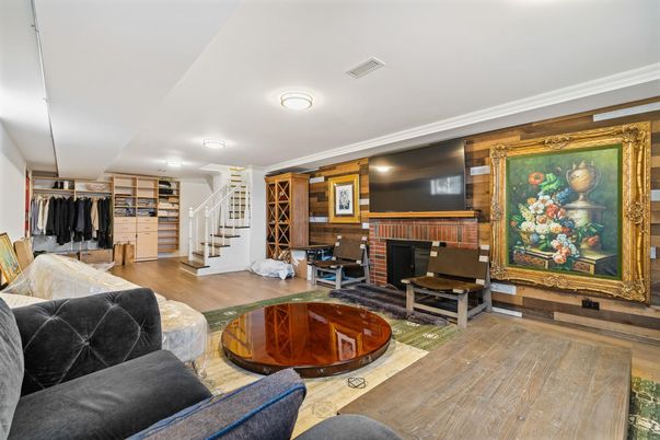 Fireplace, Interior, Living room, Recessed Lighting, Wood Texture Flooring, Wooden Walls