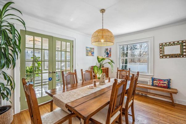 Dining room, Interior, Pendant Lights, Wood Texture Flooring
