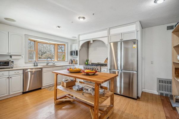 Interior, Kitchen, Recessed Lighting, Stainless Steel Appliances, Wood Texture Flooring
