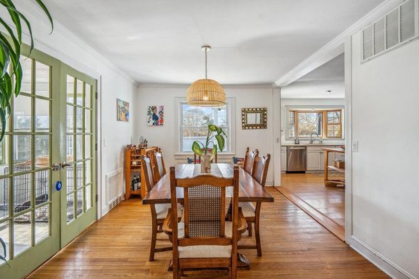 Dining room, Interior, Pendant Lights, Wood Texture Flooring