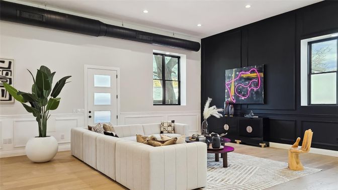Interior, Living room, Recessed Lighting, Wood Texture Flooring