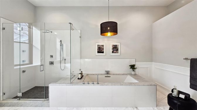 Bathroom, Glass Shower, Interior, Marble, Pendant Lights