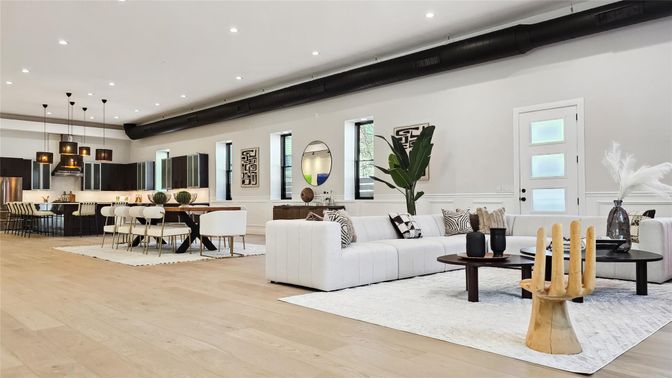 Dining room, Interior, Kitchen, Living room, Pendant Lights, Recessed Lighting, Wood Texture Flooring