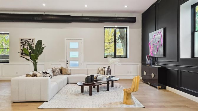 Interior, Living room, Recessed Lighting, Wood Texture Flooring