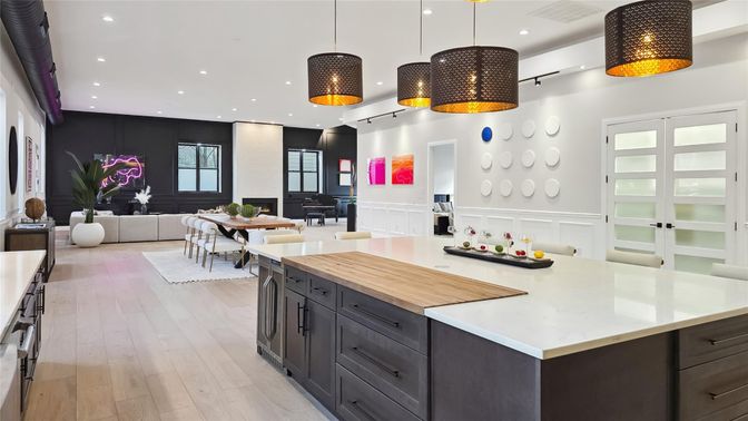 Dining room, Interior, Kitchen, Living room, Pendant Lights, Recessed Lighting, Wood Texture Flooring