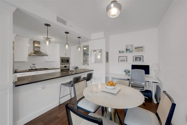 Dining room, Interior, Kitchen, Pendant Lights, Stainless Steel Appliances, Wood Texture Flooring