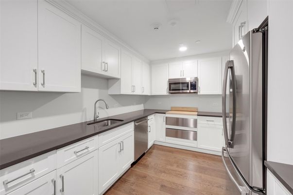 Interior, Kitchen, Recessed Lighting, Stainless Steel Appliances, Wood Texture Flooring