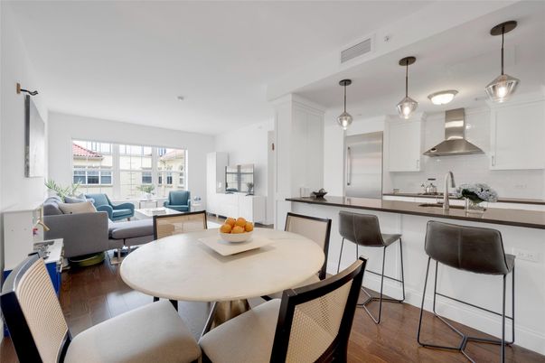Dining room, Interior, Kitchen, Living room, Pendant Lights, Stainless Steel Appliances, Wood Texture Flooring