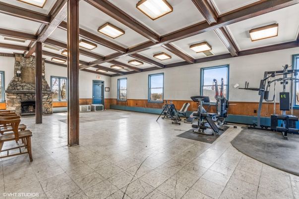 Fireplace, Fitness Equipment, Interior, Wooden Beams