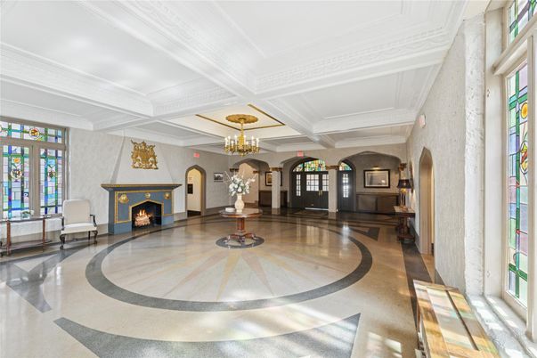 Chandelier, Fireplace, Interior