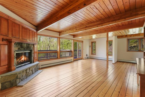 Empty room, Fireplace, Interior, Wooden Beams, Wooden Ceilings, Wood Texture Flooring