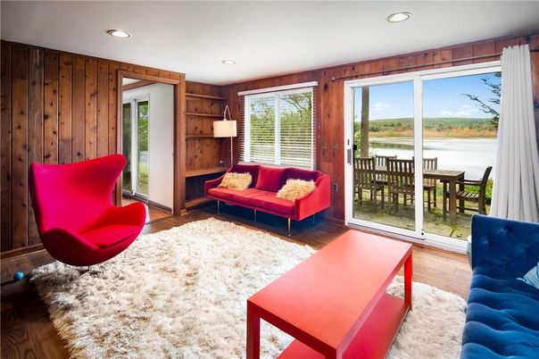 Interior, Living room, Recessed Lighting, Water, Wood Texture Flooring, Wooden Walls