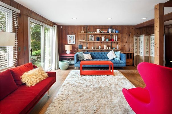 Interior, Living room, Recessed Lighting, Wood Texture Flooring, Wooden Walls