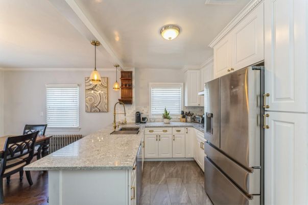 Interior, Kitchen, Pendant Lights, Stainless Steel Appliances, Wood Texture Flooring